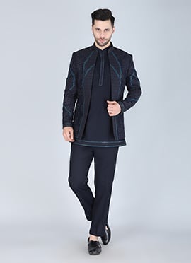 Navy Blue Silk Thread Jodhpuri Suit