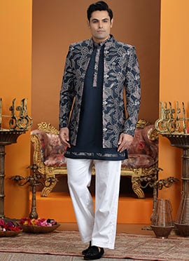 Navy Blue Silk Thread Sequins Embroidered Indowestern Sherwani