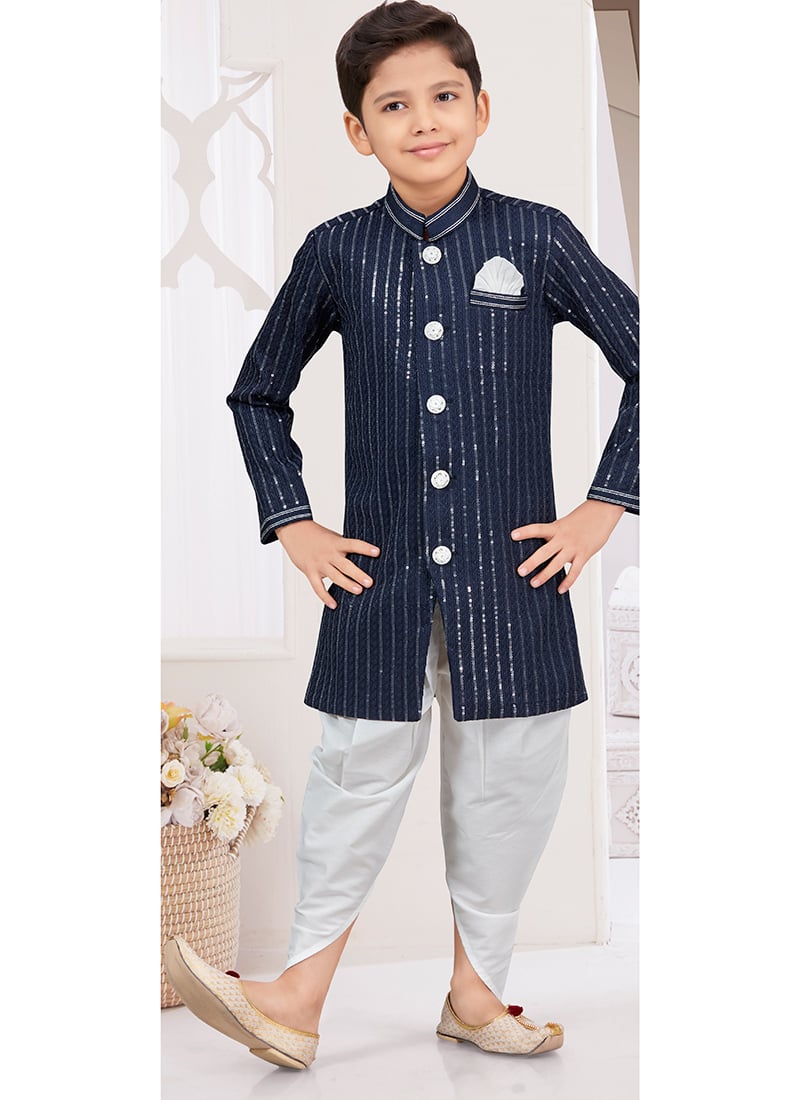 Navy Blue Silk Thread Sequins Kids Boys Indowestern Sherwani Wedding Wear