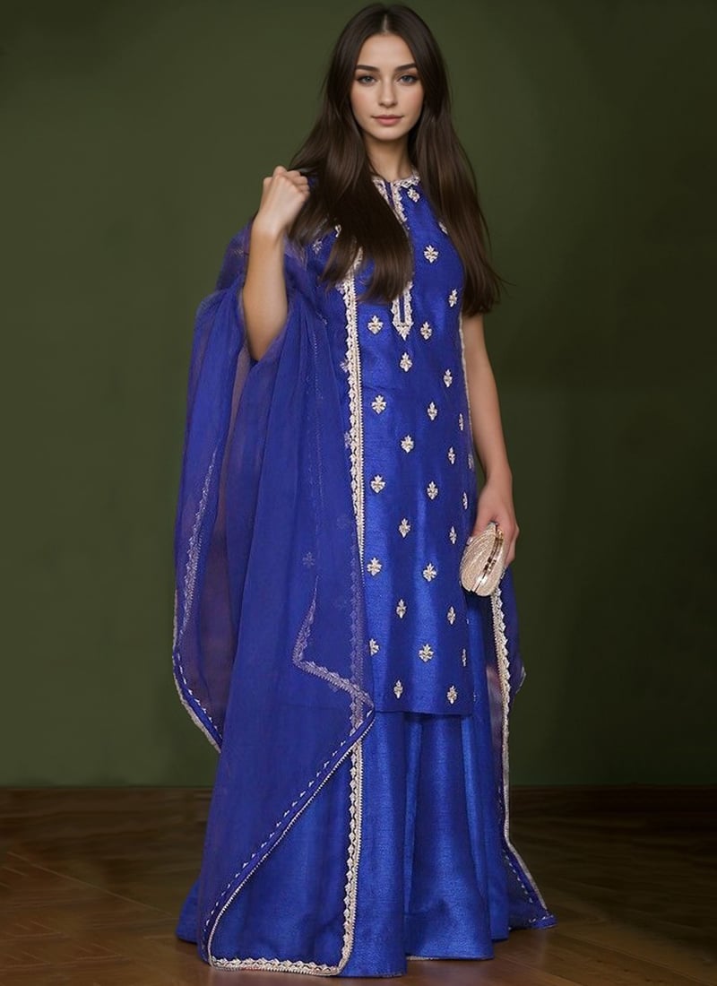 Royal Blue Silk Zardosi Hand Embroidered Palazzo Suit Festive Wear