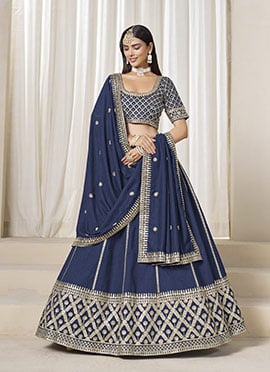 Navy Blue Silk Zari Embroidered Gota Lehenga