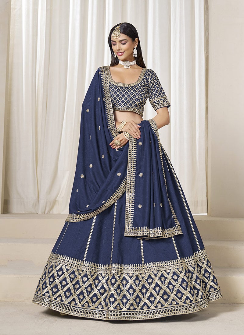 Navy Blue Silk Zari Embroidered Gota Lehenga Wedding Wear