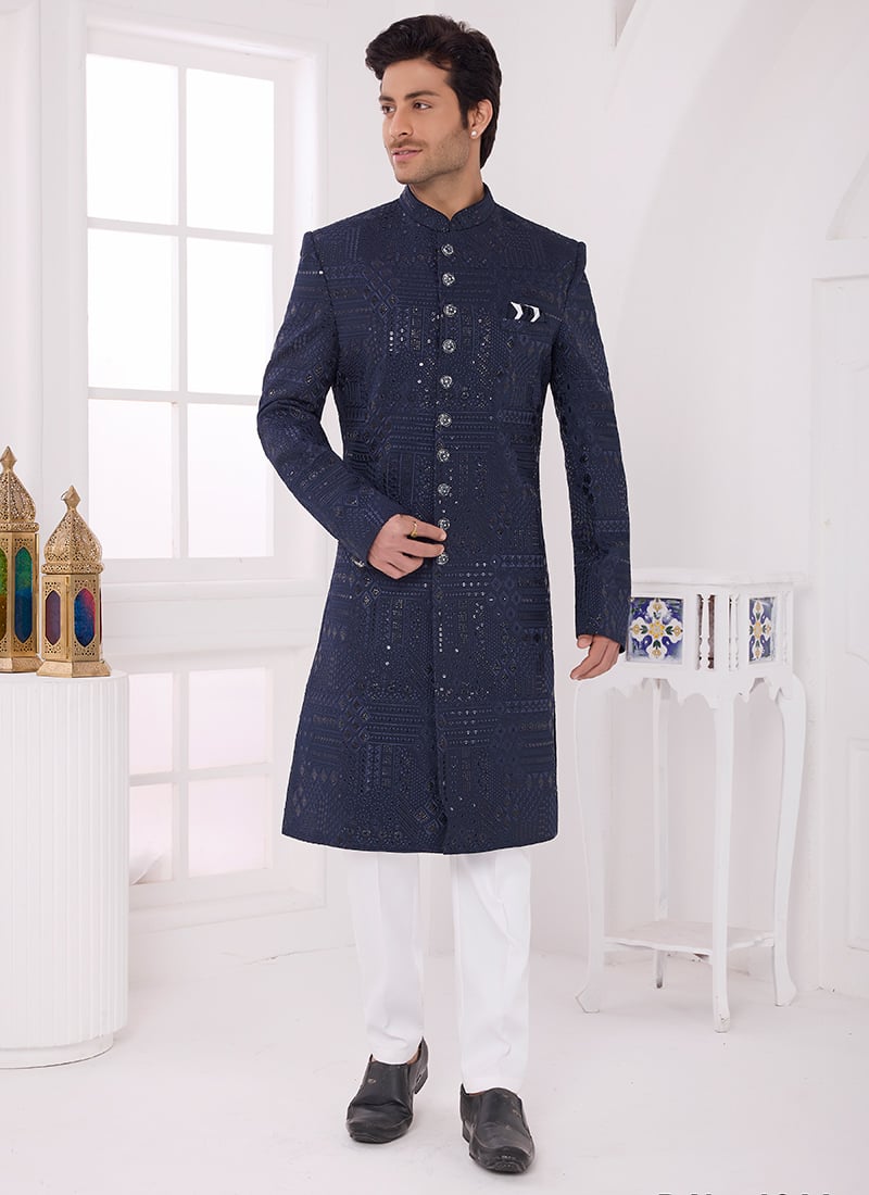 Navy Blue Silk Zari Embroidered Sequins Classy Indowestern Sherwani Wedding Wear