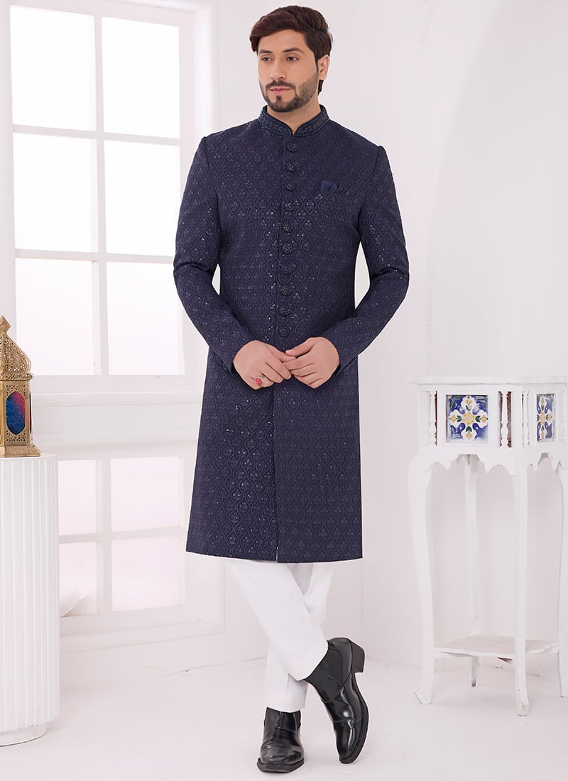 Navy Blue Silk Zari Embroidered Sequins Regal Indowestern Sherwani Wedding Wear