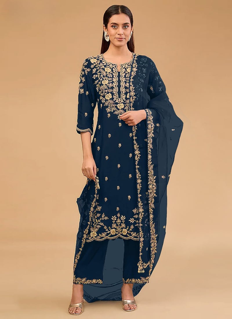 Navy Blue Silk Zari Embroidered Sequins Straight Pant Suit Festive Wear