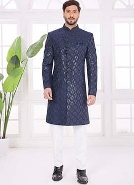 Navy Blue Silk Zari Embroidered Sequins Stylish Indowestern Sherwani
