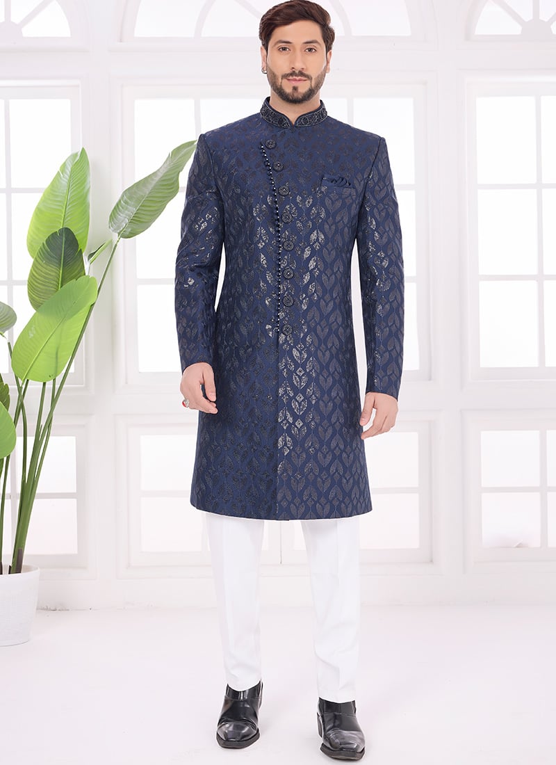 Navy Blue Silk Zari Embroidered Sequins Stylish Indowestern Sherwani Wedding Wear
