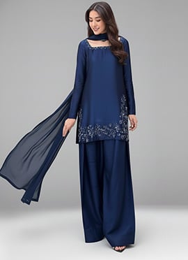 Navy Blue Silk Zari Hand Embroidery Farshi Salwar Suit