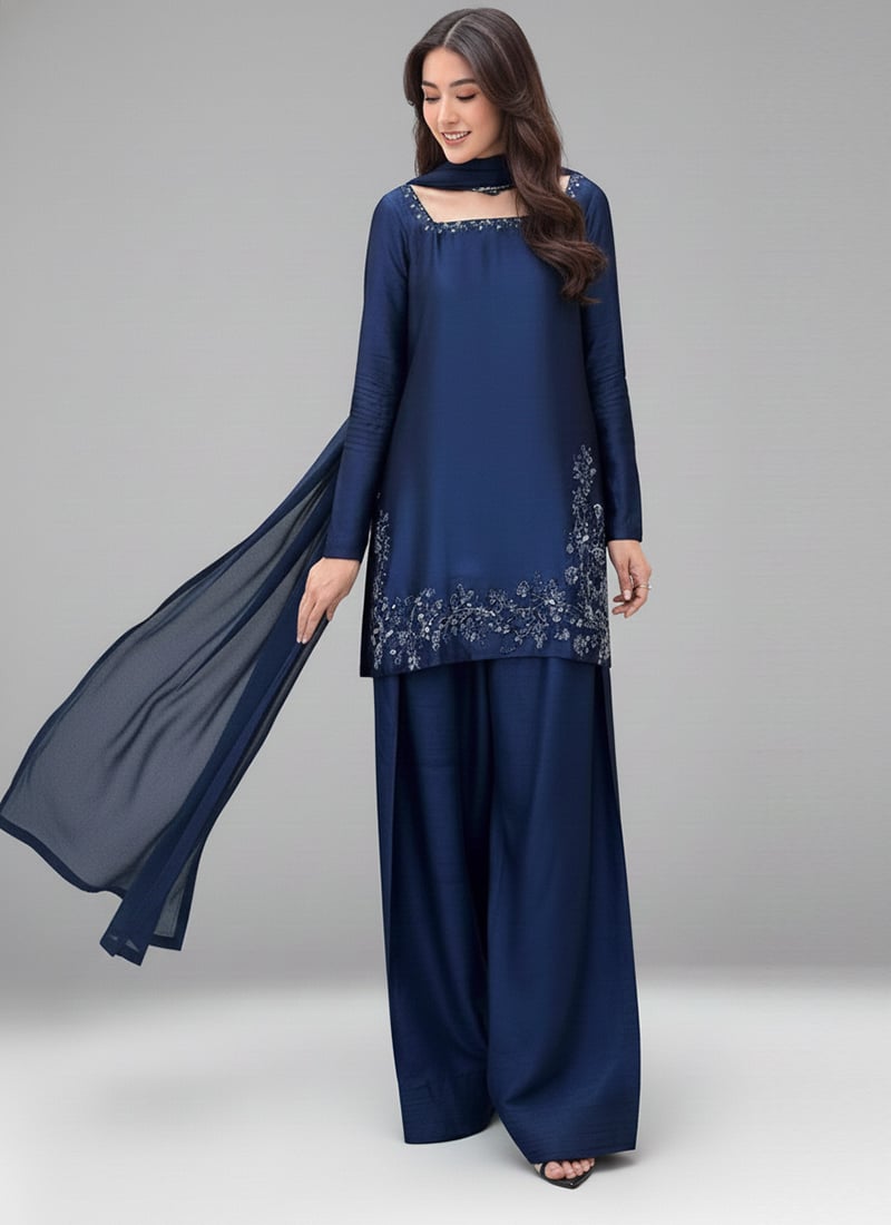 Navy Blue Silk Zari Hand Embroidery Farshi Salwar Suit Festive Wear