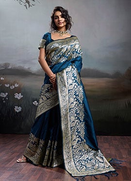 Navy Blue Silk Zari Jacquard Woven Saree