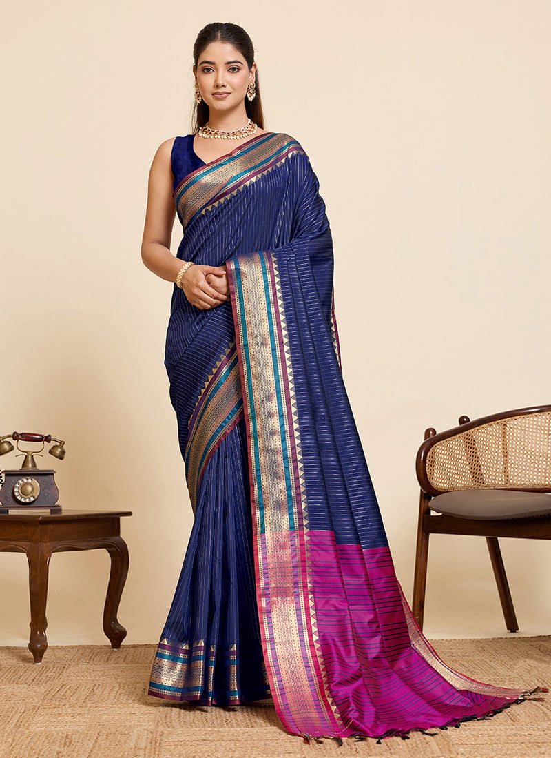 Navy Blue Silk Zari Jacquard Woven Saree Festive Wear