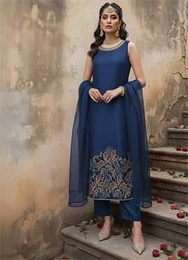 Navy Blue Silk Zari Sequin Embroidered Straight Pant Suit