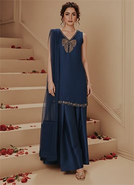 Navy Blue Silk Zari Sequin Hand Embroidered Palazzo Suit