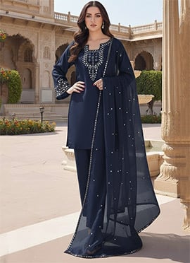 Navy Blue Silk Zari Sequin Mirror Work Straight Pant Suit