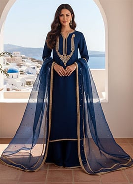 Navy Blue Silk Zari Sequins Embroidered Palazzo Suit