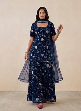 Navy Blue Silk Zari Sequins Embroidered Palazzo Suit