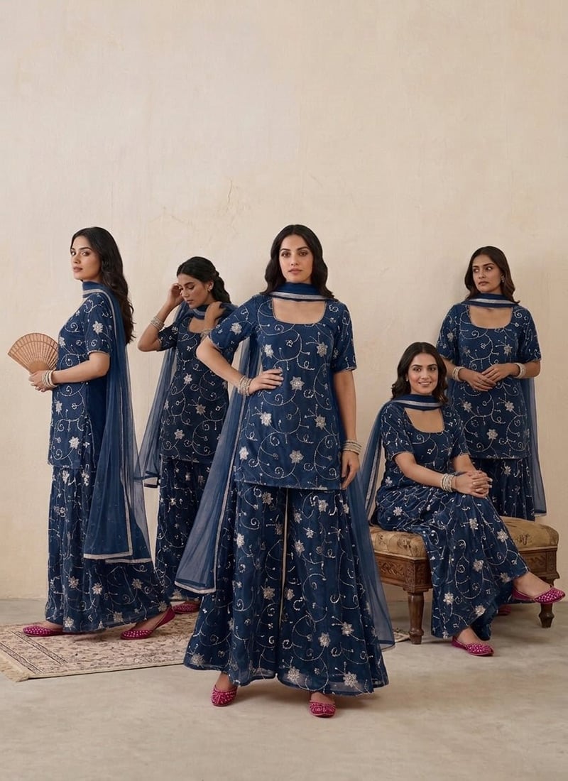 Navy Blue Silk Zari Sequins Embroidered Palazzo Suit After Six Wear