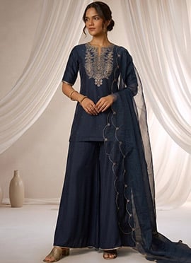 Navy Blue Silk Zari Sequins Palazzo Suit
