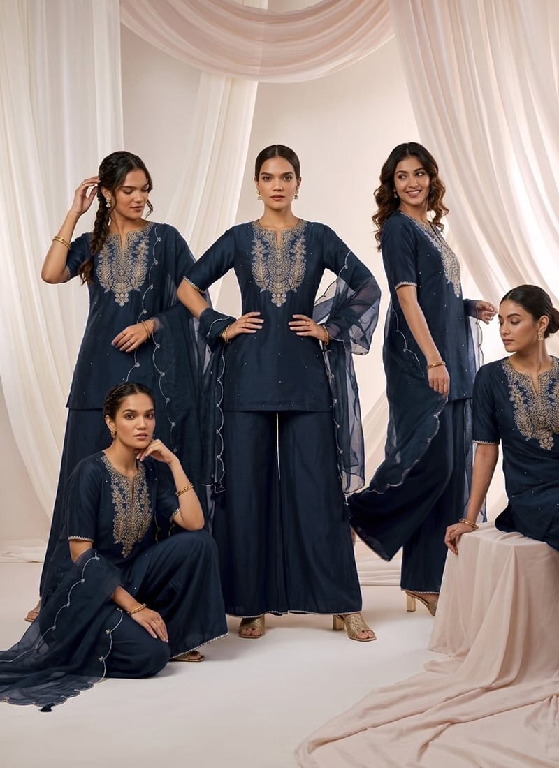 Navy Blue Silk Zari Sequins Palazzo Suit Festive Wear