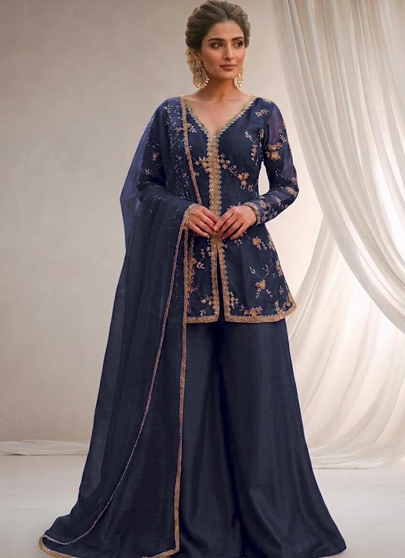 Navy Blue Silk Zari Sequins Palazzo Suit Festive Wear