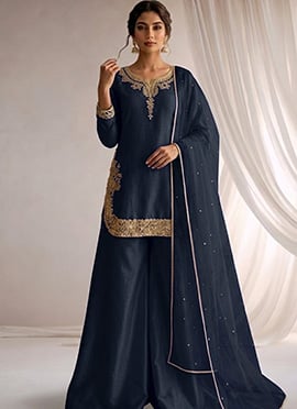Navy Blue Silk Zari Sequins Palazzo Suit