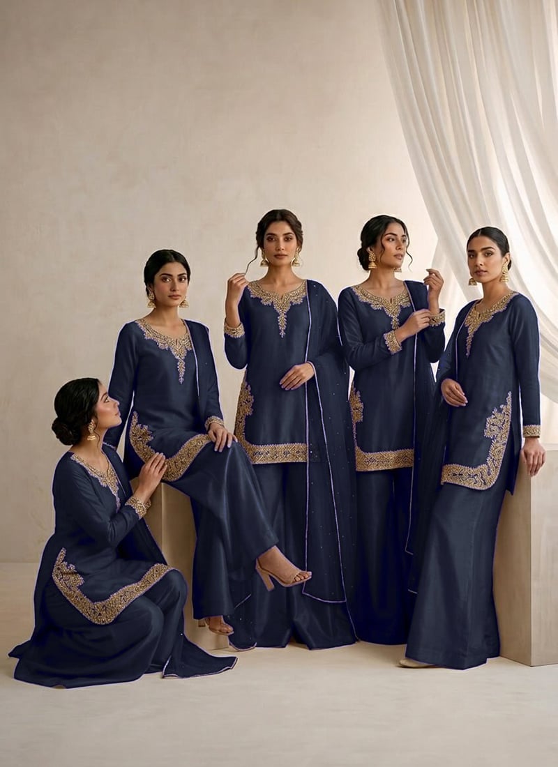 Navy Blue Silk Zari Sequins Palazzo Suit Wedding Wear