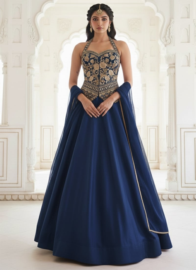 Navy Blue Silk Zari Sequins Umbrella Lehenga Wedding Wear