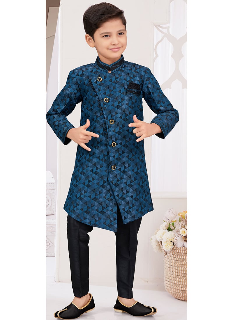 Navy Blue Singham Jacquard Zari Thread Kids Boys Indowestern Sherwani Wedding Wear
