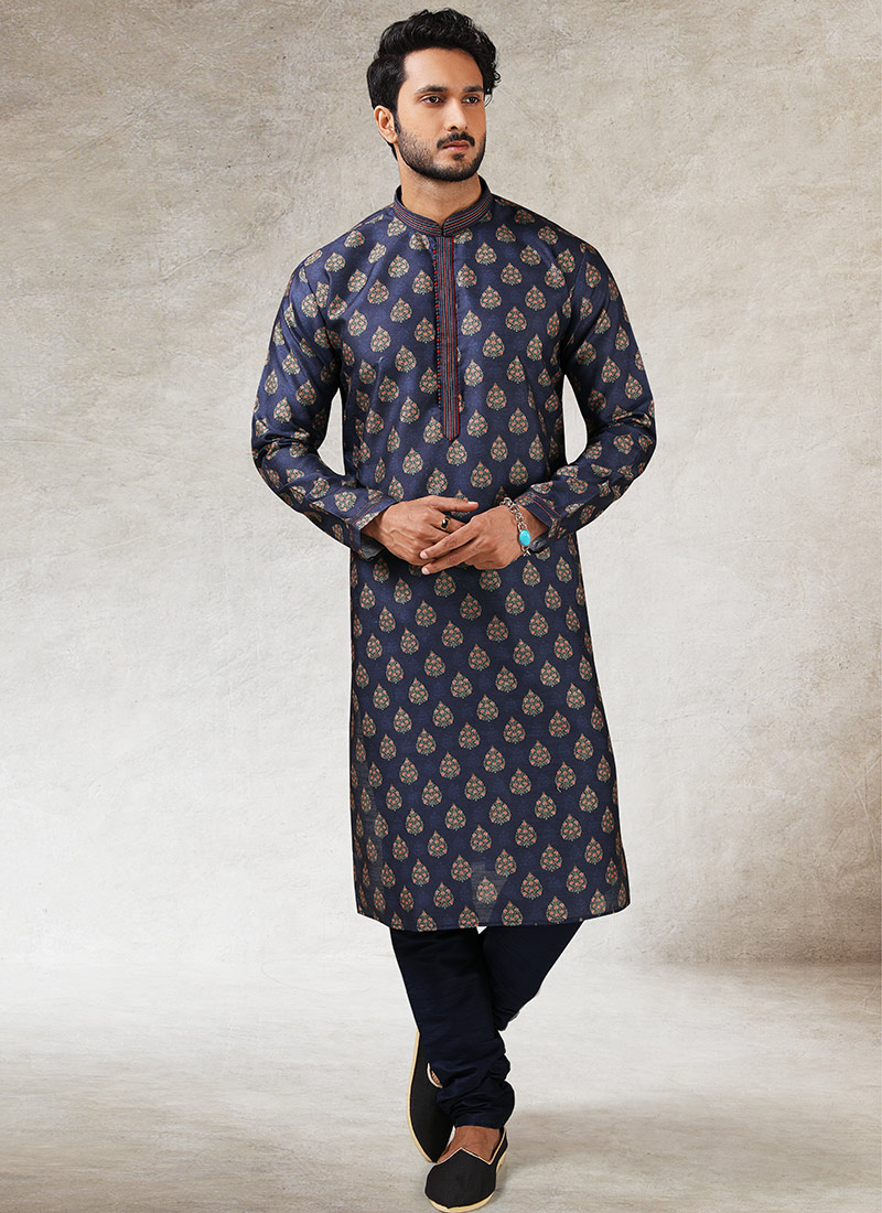 Navy Blue Soft Art Silk Printed Kurta Pyjama Party Wear