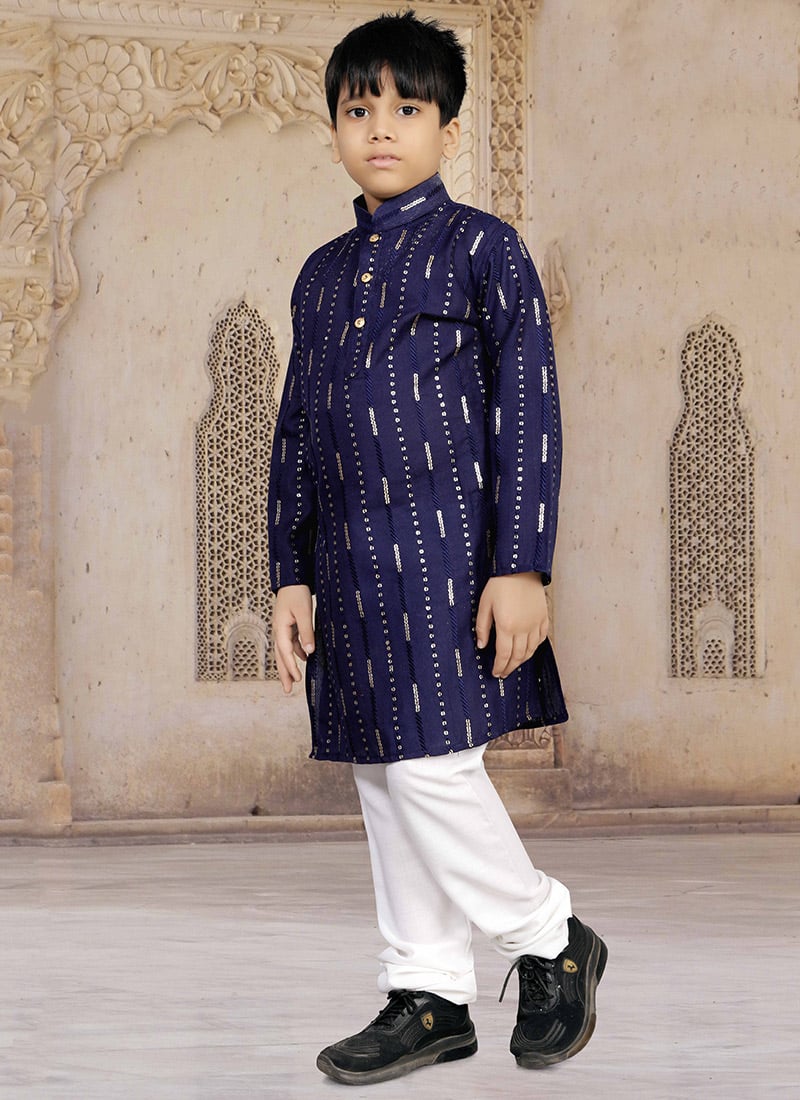 Navy Blue Soft Cotton Sequins Kids Boys Kurta Pyjama Festive Wear