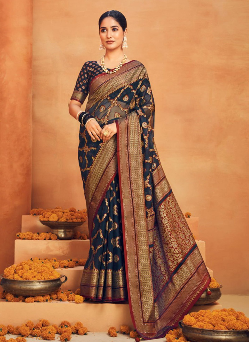Navy Blue Soft Cotton Silk Zari Work Saree