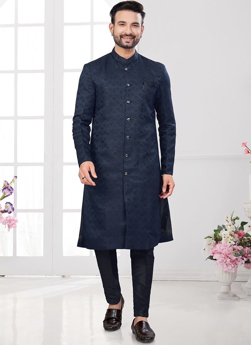 Navy Blue Soft Jacquard Silk Indowestern Sherwani Festive Wear