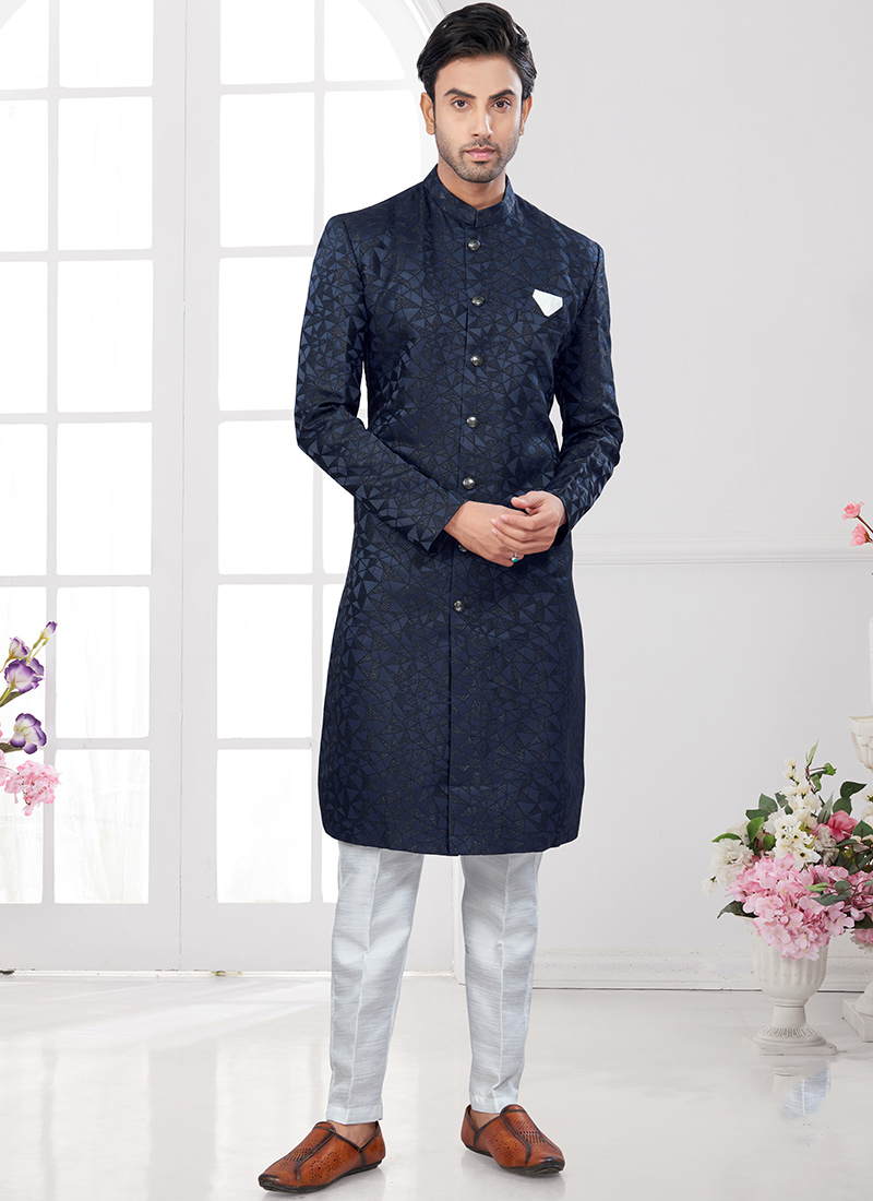 Navy Blue Soft Jacquard Silk Indowestern Sherwani Festive Wear