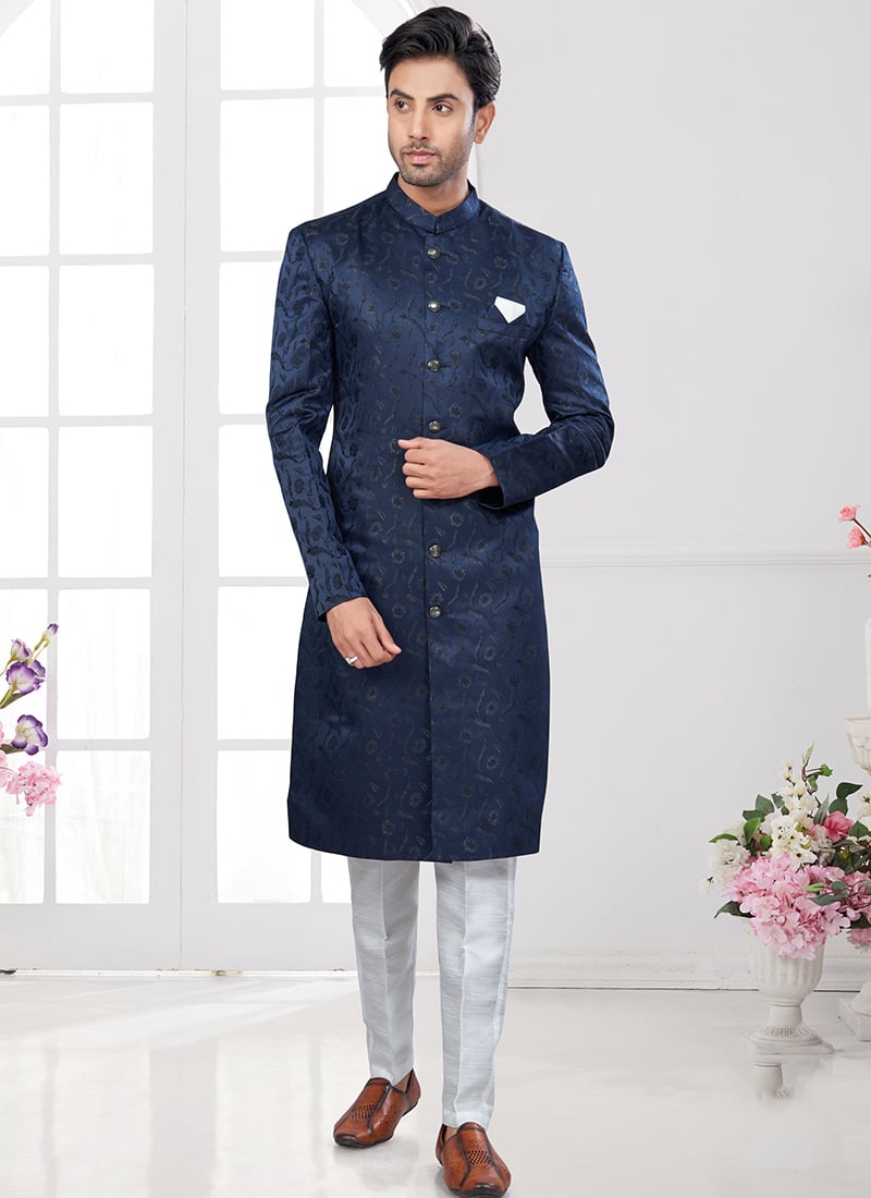 Navy Blue Soft Jacquard Silk Indowestern Sherwani Festive Wear