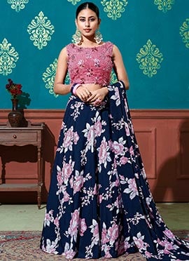 Navy Blue Soft Silk Digital Printed Umbrella Lehenga