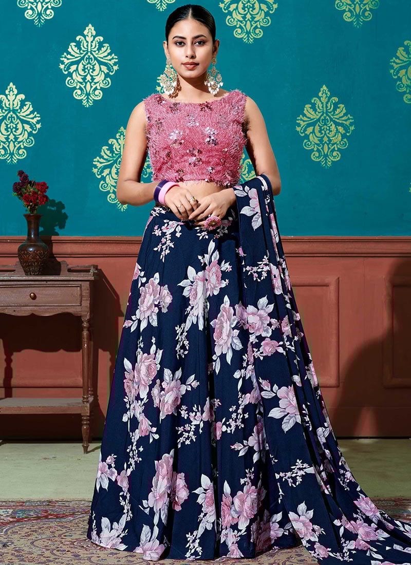 Navy Blue Soft Silk Digital Printed Umbrella Lehenga