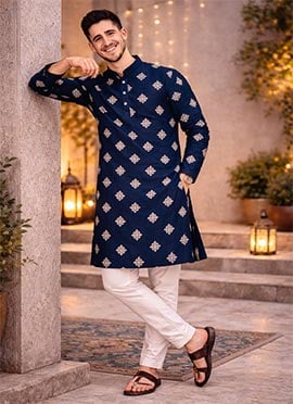 Navy Blue Soft Silk Sequins Kurta Pyjama
