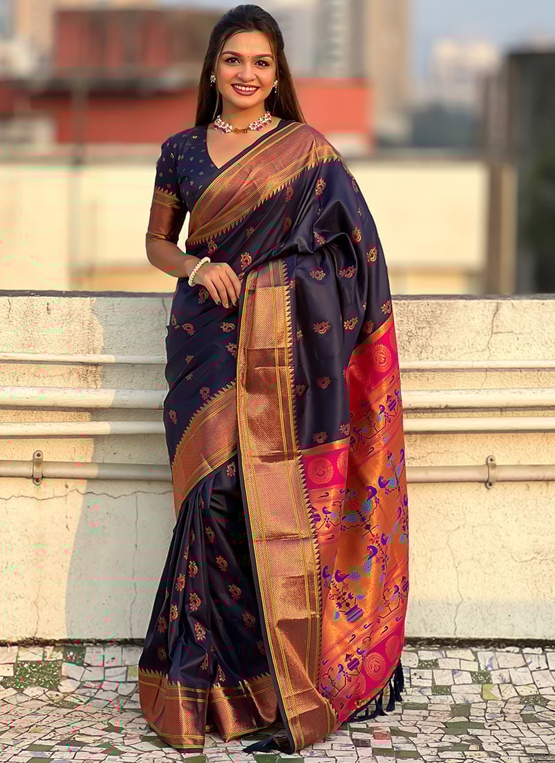 Navy Blue Soft Silk Zari Woven Meenakari Print Saree Festive Wear