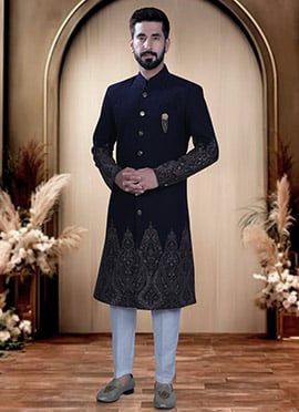 Navy Blue Terry Rayon Embroidered Sequins Indowestern Sherwani  For Men