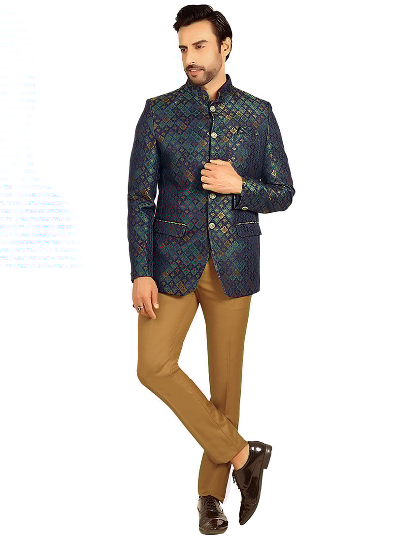 Navy Blue Terry Rayon Jacquard Bandhgala Suits Wedding Wear