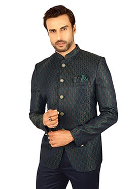Navy Blue Terry Rayon Jacquard Bandhgala Suits
