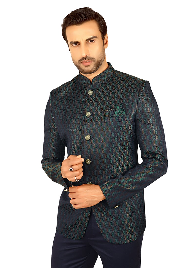 Navy Blue Terry Rayon Jacquard Bandhgala Suits Wedding Wear