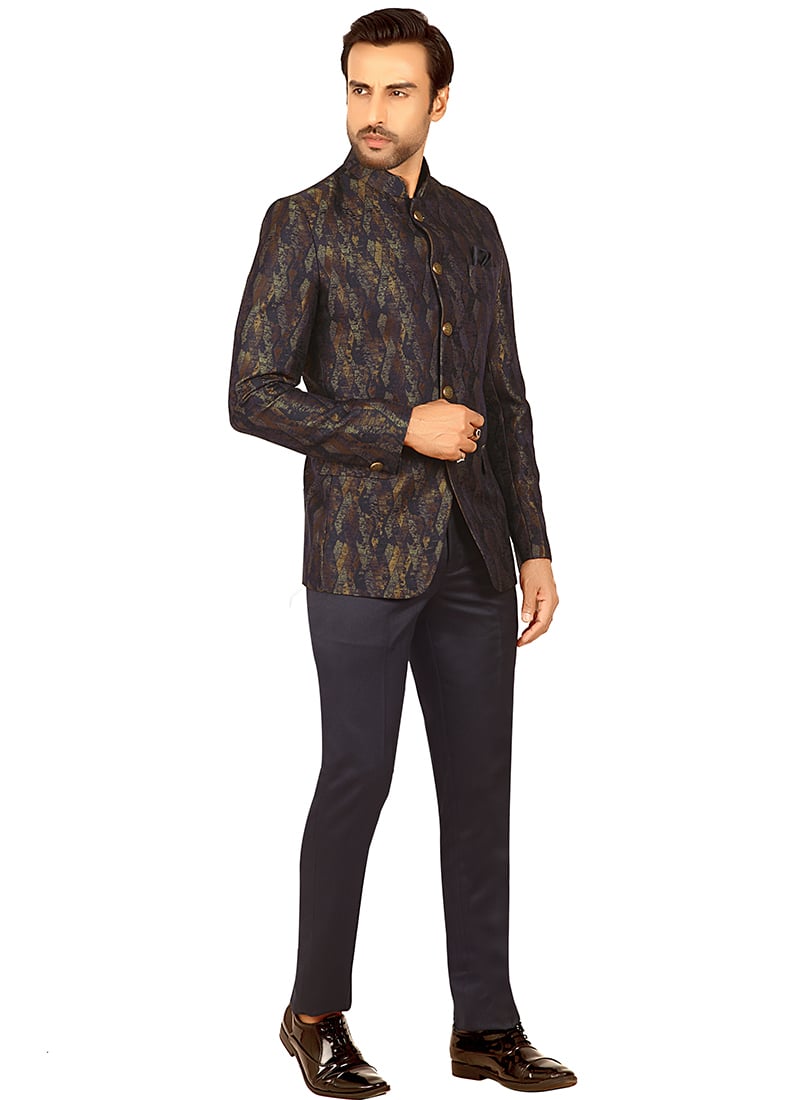 Navy Blue Terry Rayon Jacquard Bandhgala Suits Wedding Wear