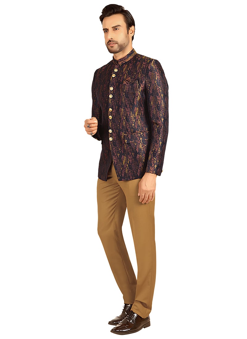 Navy Blue Terry Rayon Jacquard Bandhgala Suits