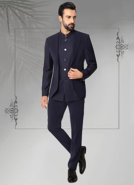 Navy Blue Terry Rayon Jodhpuri Suit