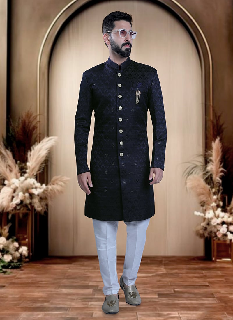 Navy Blue Terry Rayon Sequins Work Indowestern Sherwani For Men Wedding Wear