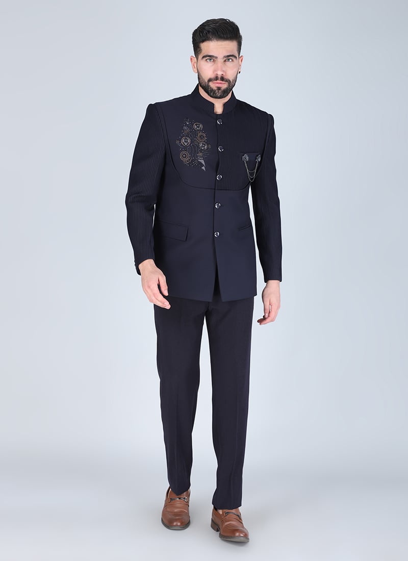 Navy Blue Terry Rayon Zardosi Beads Embroidered Bandhgala Suit Wedding Wear