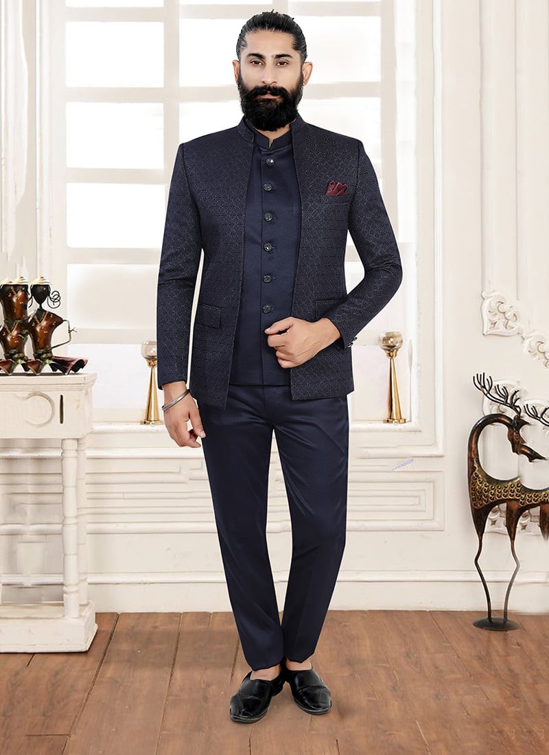 Navy Blue Terry Rayon Zari Three Piece Suit Wedding Wear