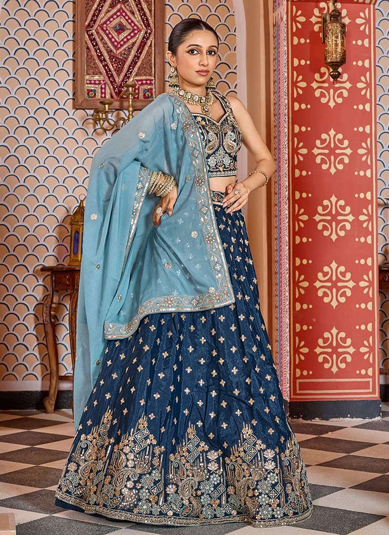 Navy Blue Tissue Silk Zari Embroidered Sequins Lehenga Wedding Wear