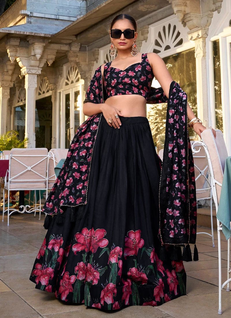 Navy Blue Tussar Silk Floral Digital Print Lehenga After Six Wear-GHSRK202482